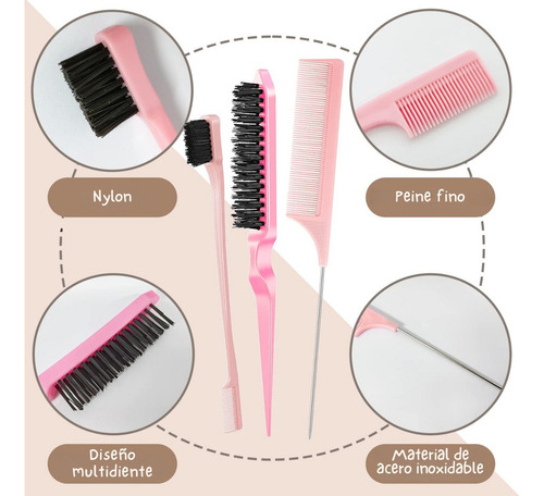 Set 3 Cepillo Peine Cola De Rata Peinar + Cera Fijar Cabello Color Rosa