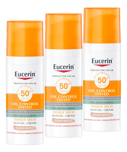 Combo X3 Eucerin Solar Fps 50 Oil Control Tono Medio 50 Ml