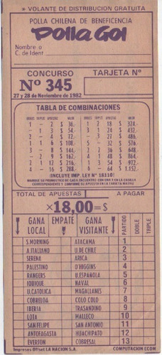 Cartilla Polla Gol Antigua / Concurso N° 345/ Año 1982