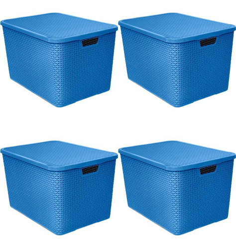 Kit 4 Caixa Rattan Organizadora Multiuso C/tampa 40lts Azul