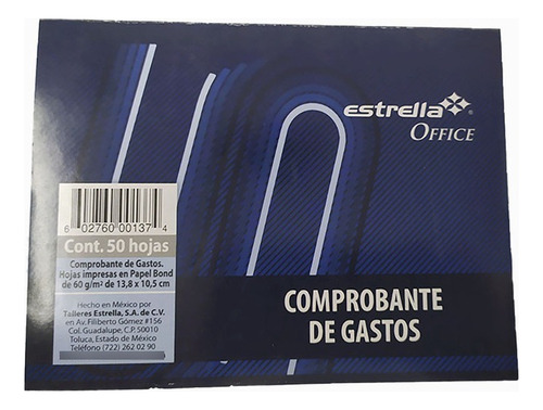 Estrella Comprobante De Gastos 0137 50 Hojas  Birayado Unidad X 1 10.6cm X 14cm Estrella Office