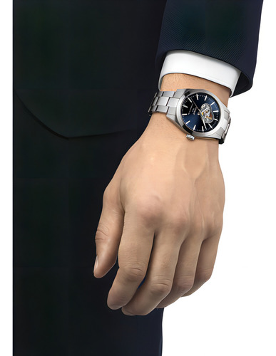 Relógio de pulso analógico Tissot T127.407.11.041.01 para homem, fundo azul, com pulseira de aço inoxidável prateado, bisel prateado e borboleta