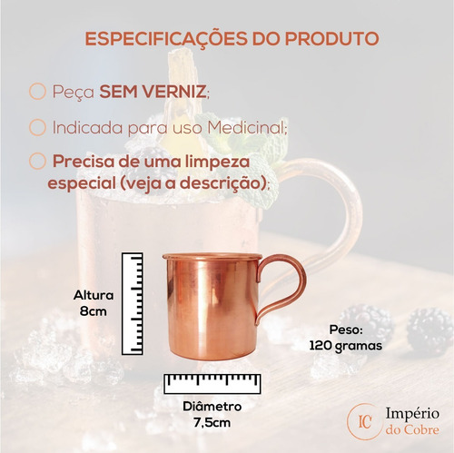 Caneca Moscow Mule Tradicional Benefícios Do Cobre Cor Cobre Puro Sem Verniz