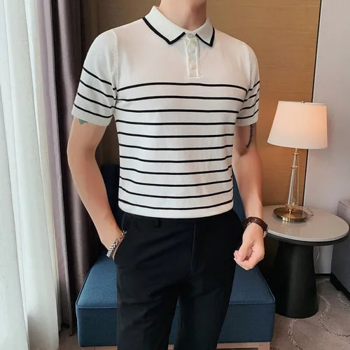 Camisas De Punto Para Hombre Stripe Lce Silk Shirt Plus S4