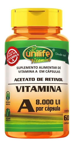 Vitamina A 8.000 Ui 60 Cáps Efeito Antioxidante - Unilife