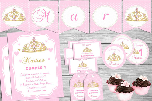 Kit Imprimible Corona Princesa  Dorado Con Rosa Candy Bar 