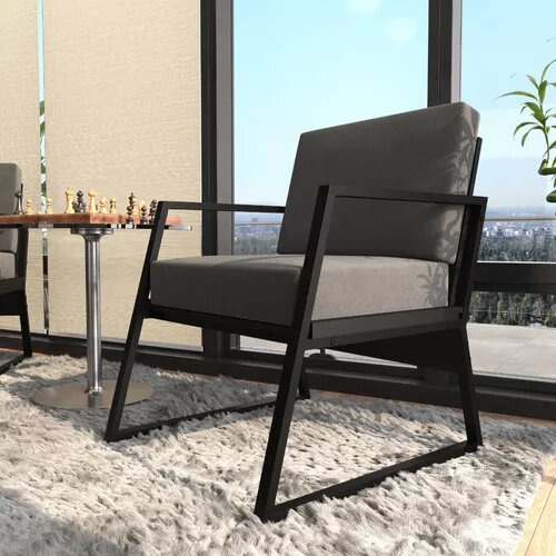 Set Com 4 Cadeiras Poltrona Estilo Industrial Estofado Suede Cor Cinza Estrutura Em Ferro Preto