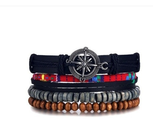 Pulsera Multicapa Hombre Y Mujer De Cuero, Trenzada Brujula