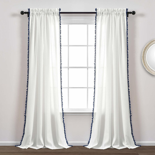   Navy Pom Curtain  Textured  Solid Color Vintage Chic ...