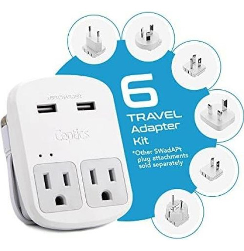 Adaptador De Viaje Universal Ceptics Wps-2b+ Con 2 Usb-a Y