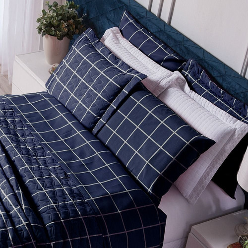 Capa Edredom Duvet Casal Queen C/ Zíper Grid Azul Marinho