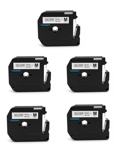 5x Fita Prata Compatível P/ Brother M931 M-k931 Mk931 12mm Cor Prata Com Escrito Preto