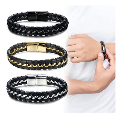 Pulseira Masculina Black Luxo Couro E Aço Negro C/ Garantia