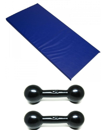 Kit Colchonete Azul + Par Halter Bola Emborrachado 5kg 1 Fit