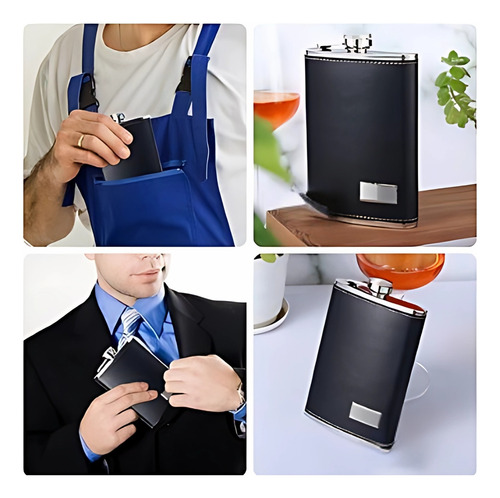 Petaca Acero Inox 6oz - Revestida Ecocuero - Chapita Grabado Negro Ecocuero - Chapita Para Grabado