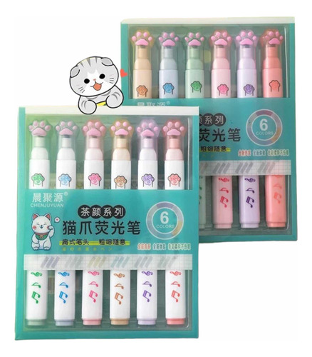 Set 6 Destacadores Patita Gato Kawaii Escolar Regalo