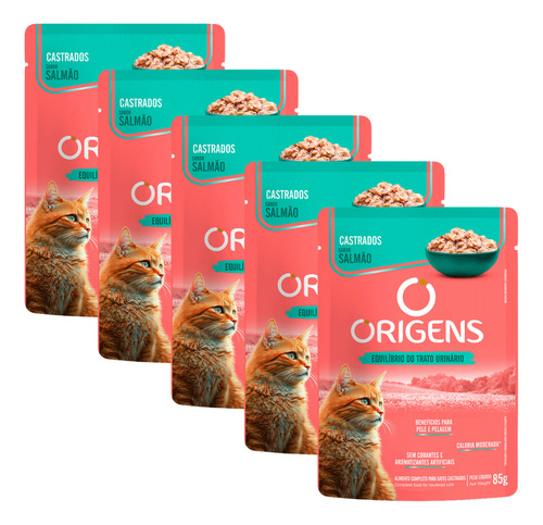 Kit 5 Sachê Origens Para Gato Castrado Salmão 85g