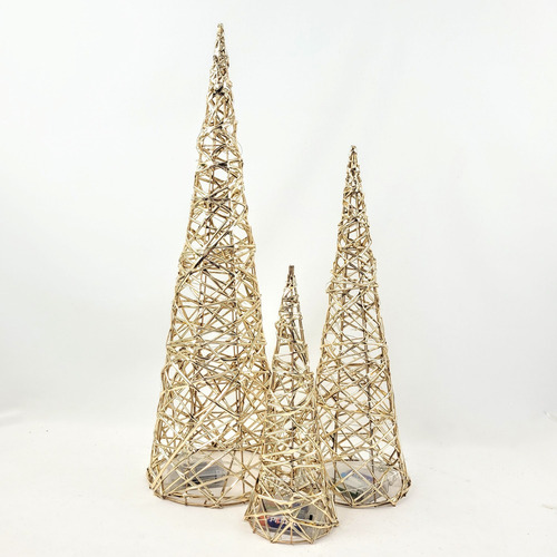 Kit 3 Árvore De Natal Com Luz Aramada Dourada