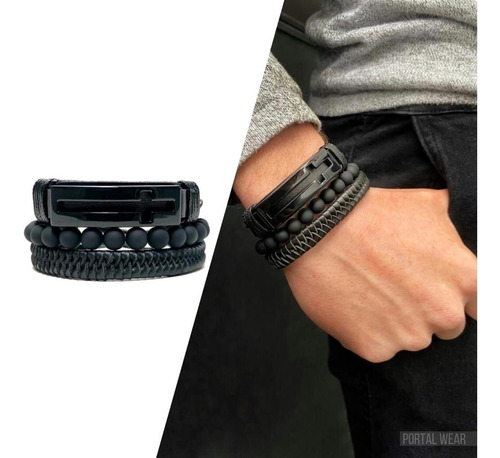 Combo Pulseiras Masculinas Regulável Cruz Preta Couro Eco 