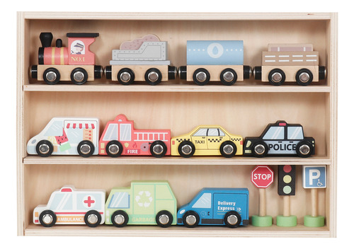 Set Autos De Juguete Tren Pista Y Señaleticas Madera Bandú Multicolor