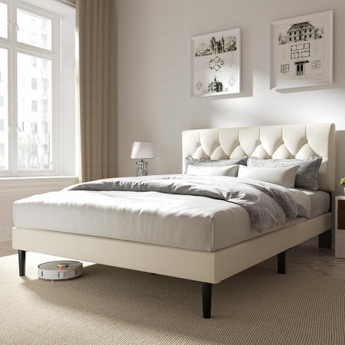 Bed Frame Matrimonial Sismplly Tapizada Beige