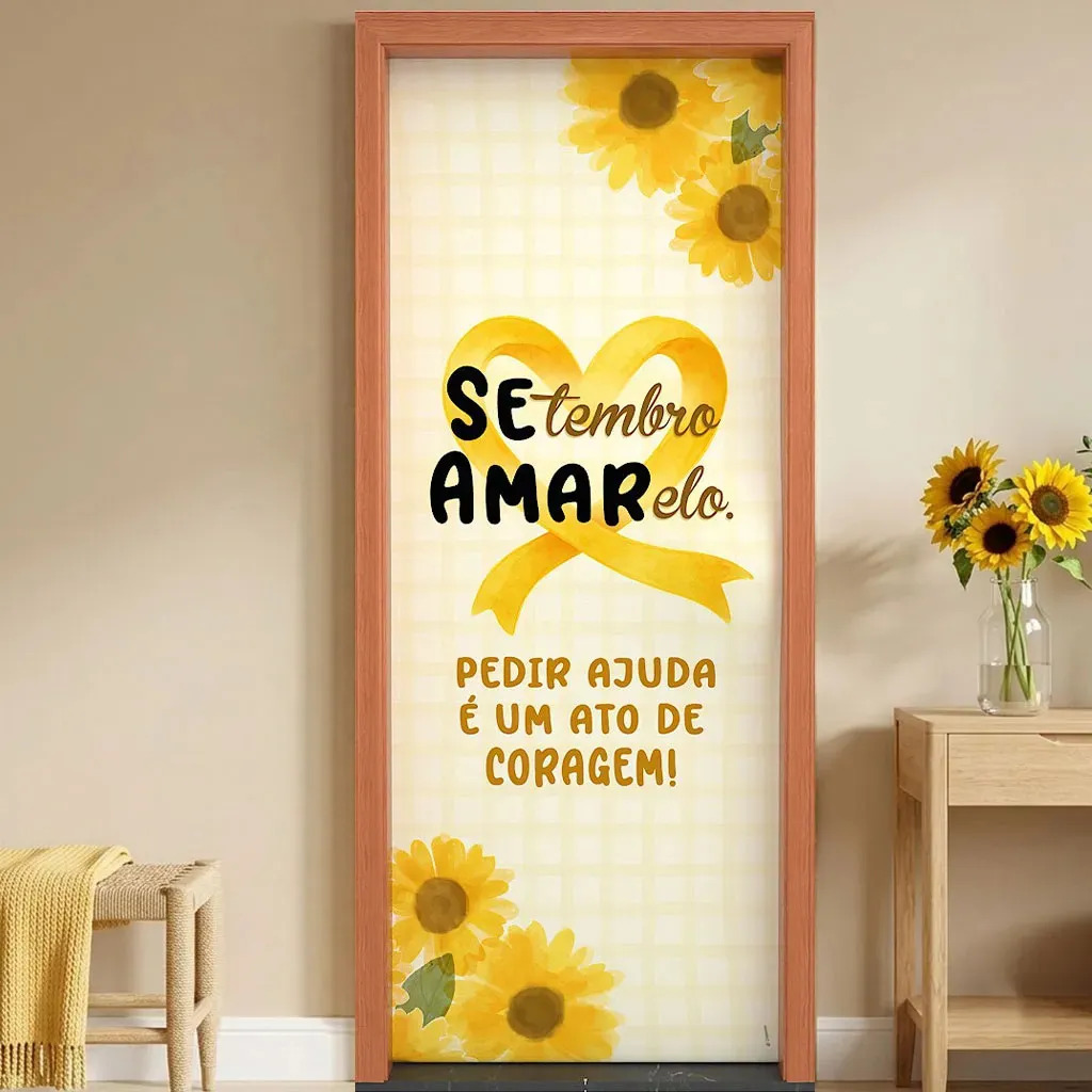 Capa de Porta Setembro Amarelo Decorativa Conscientização Campanha Saúde Mental Decoração Clínica Enfeite de Porta de Entrada Veste Fácil Em Tecido