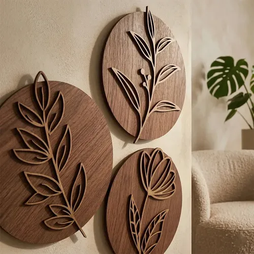 Trio De Quadro Redondos Decoração Mdf Flor Folhagem 3d Cor Freijó