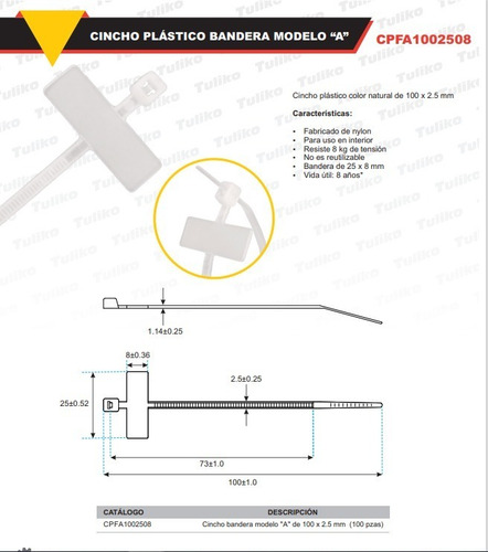 Imagen 4 de 5 de Cincho A 100 X 2.5 Mm 8 Kg Bandera 25 X 8 Mm (100 Pzas)