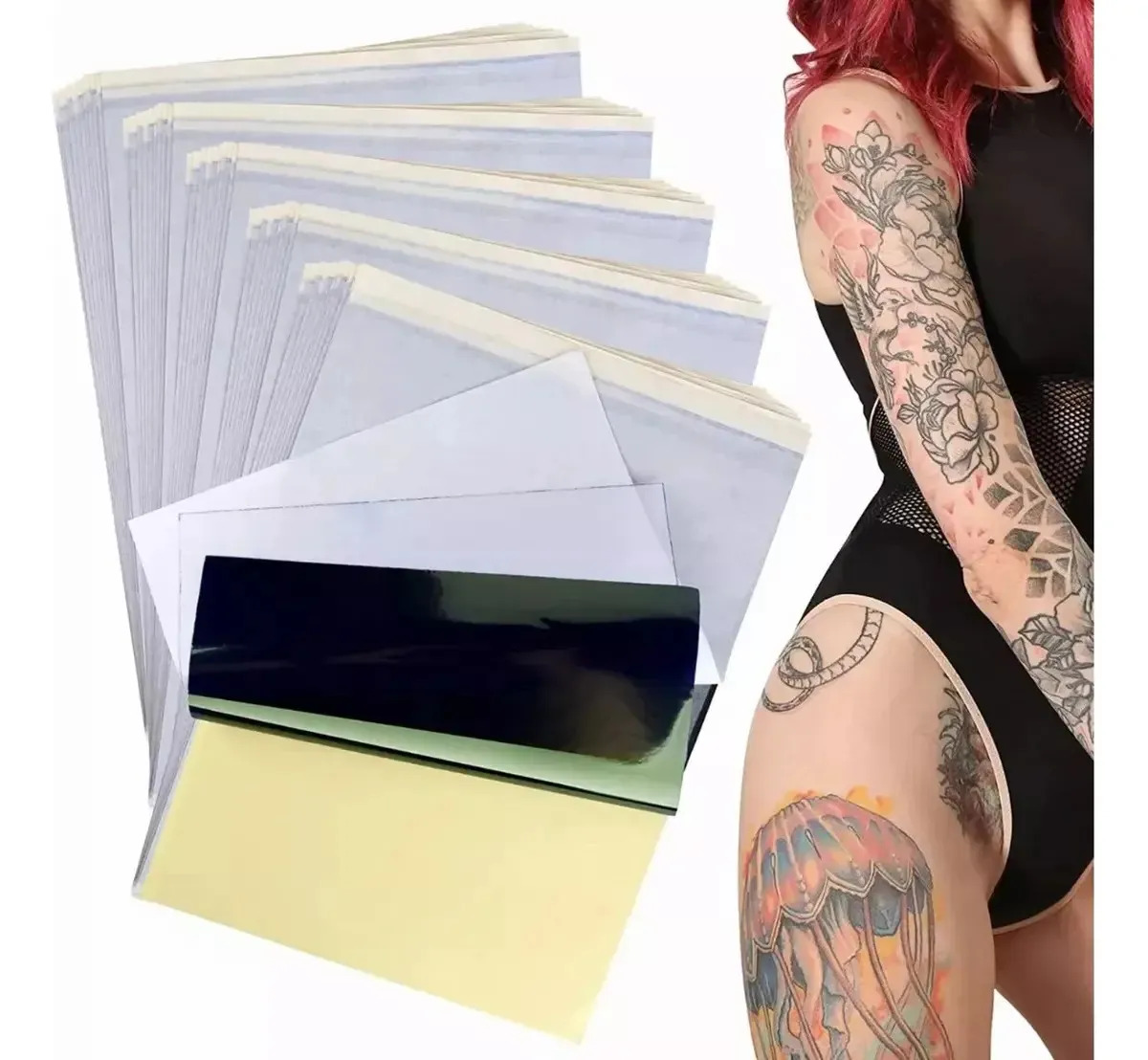 VAKRNY Papel de Transferencia para Tatuajes 4 Capas, 100 Hojas A4 Hipoalergénico, Alta Definición Sin Manchados, Compatible con Impresoras Térmicas, para Tatuadores Artistas Princi