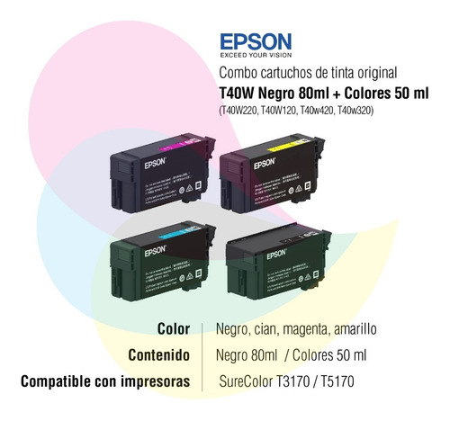 Imagen 2 de 4 de Cartuchos Epson T40w Negro 80ml + Colores 50ml T3170 Combo