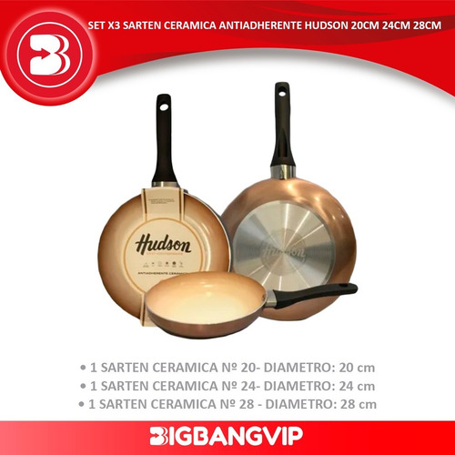 Imagen 3 de 7 de Set X3 Sarten Ceramica Antiadherente Hudson 20cm 24cm 28cm