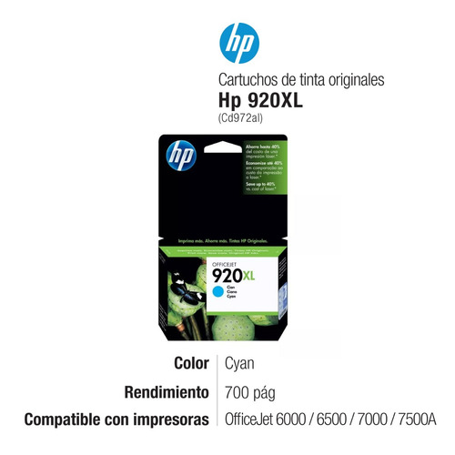 Imagen 2 de 4 de Cartucho Hp 920xl Cyan Cd972al - Hp 6000 6500 7000 7500