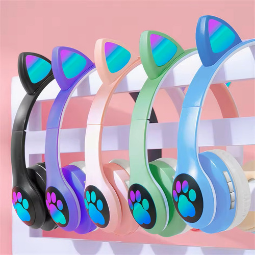 Auriculares Oreja Huella Gato Bluetooth Luz Rgb Niños Gatito Violeta