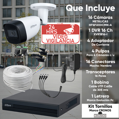 Kit videovigilancia cronos 16 cámaras Dahua bala HFW1200CM-A Con audio metálicas 2mp + bobina cable UTP + Baluns + accesorios - kit cctv DH-KIT-MET16CH-SDD (dvr dahua XVR1b16-i circuito cerrado)