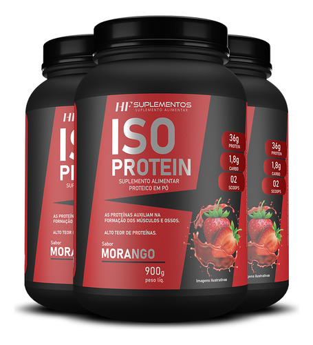 3x Whey Isolado Protein Morango 900g Hf Suplementos