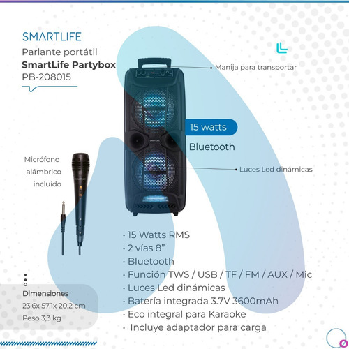 Imagen 2 de 10 de Parlante Smartlife Portátil Partybox 2 Vía 8 15w Pb-208015