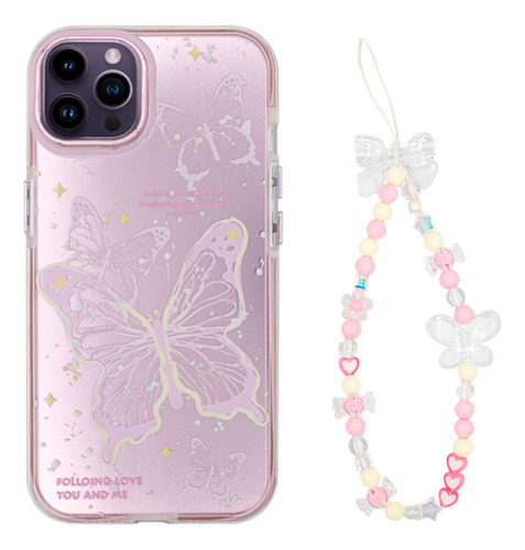 Protector iPhone 14 Pro Max Diseño Mariposas Rosa Con Corre