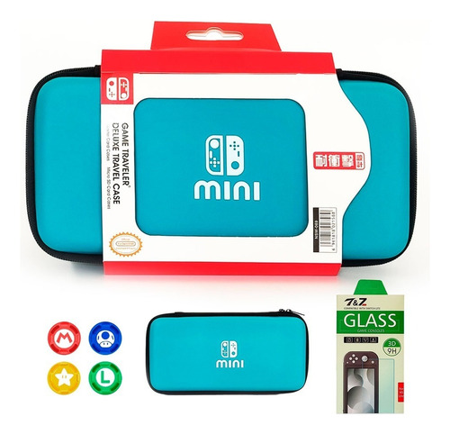 Case Nintendo Switch Lite C/ Película E 4 Grips De Analógico Cor Azul