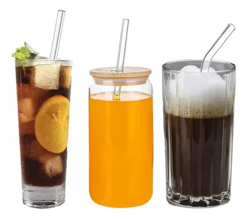 12 Pajitas Cristal Transparente Reutilizables Con 4 Cepillo