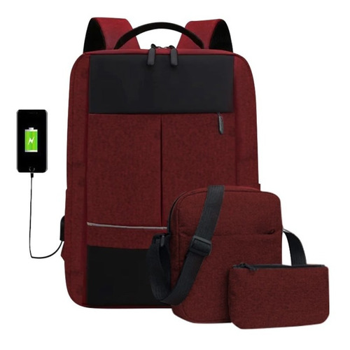 Mochila Usb + Bolsa + Lapicera, Set 3 Piezas Viaje Escolar Oficina Casual 3005 S