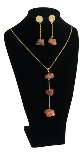 Collar Aretes Mujer Piedra Natural Cuarzo Agata Chapa Oro 