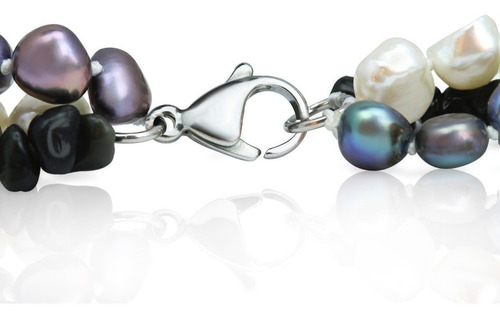Pulsera 3 Hilos Perla Cultivada Natural Blanco Gris Y Negro Diámetro 15 cm