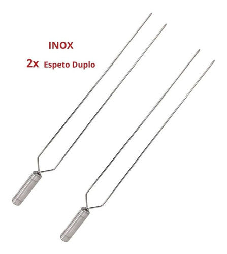 2x Espeto Duplo Inox 80cm Cabo Revestido Alumínio Churrasco