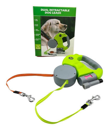 Correa Retráctil Doble Perro Gato Luz 3m Color Verde 12kg