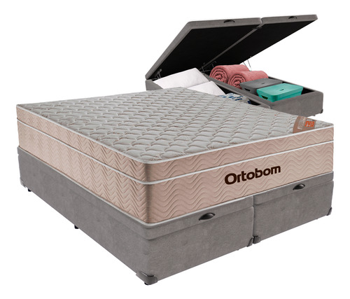 Cama Baú Cinza E Colchão Airtech Springpocket Queen Ortobom