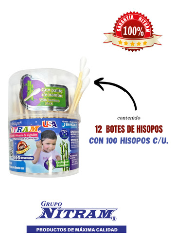 12 Botes De Hisopos De Bambú Biodegradables, 100unidades C/u