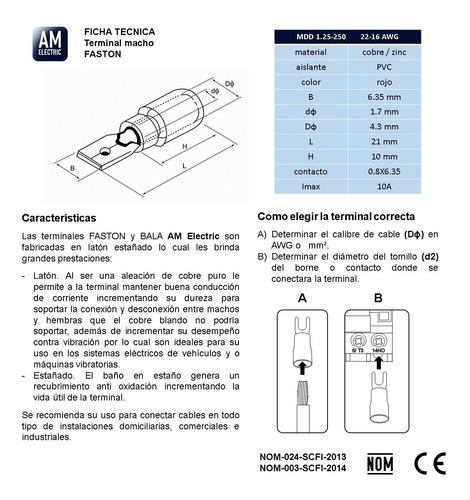 Terminal Macho Y Hembra Faston 22-16 Awg 250 100 Pares Am-e