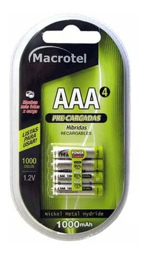 Pilas Recargables Aaa, 4 Unidades, 1000 Mah. Macrotel Fac/bo