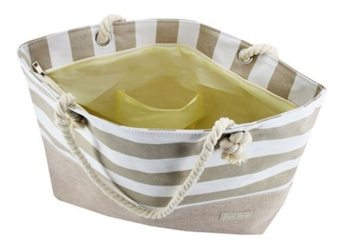 Imagem 2 de 6 de Bolsa De Praia Feminina Amplo Espaço Interno Com Listra Bege