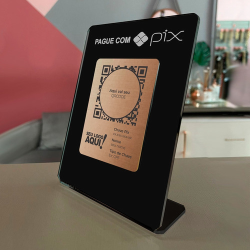 Imagem 4 de 5 de Placa Pix Pagamento Qrcode Acrílico Preta E Frente Bronze